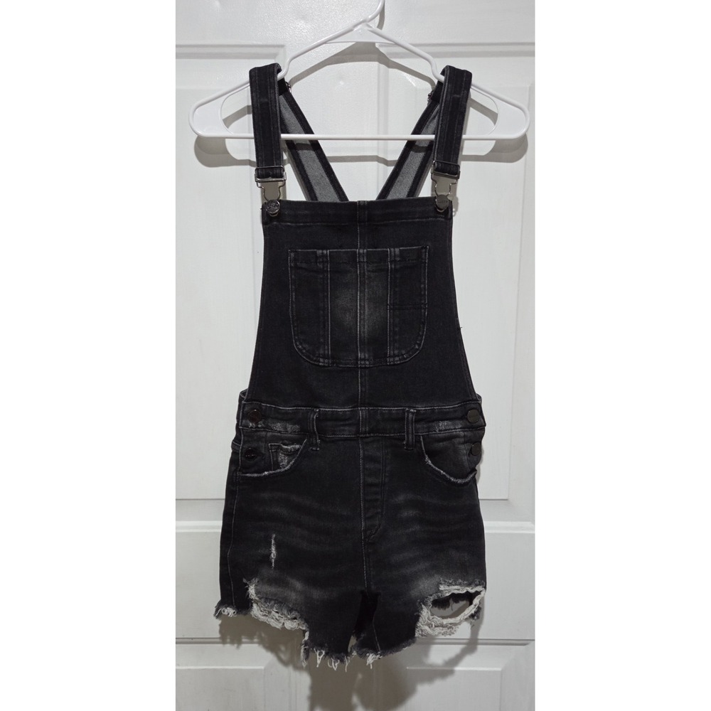 RISEN Shorts Overalls Small Black Denim Distressed Stretch Raw Hem Bib Shortalls